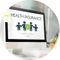 A computer screen displays "Health Insurance" with an icon of four figures, one highlighted with a green checkmark, symbolizing coverage.